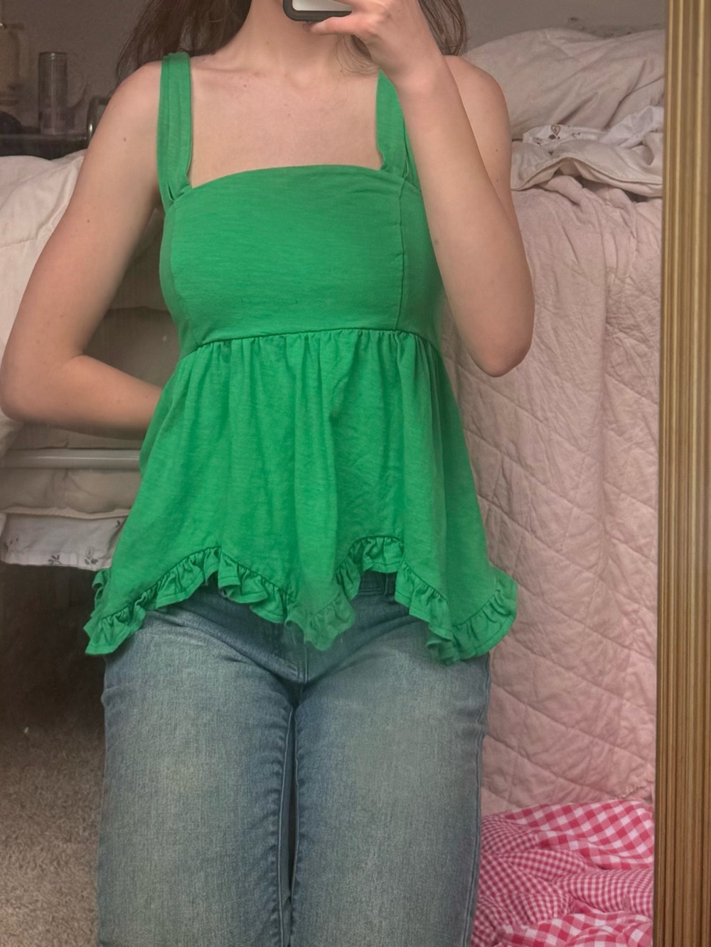 Green Ruffle Hem Square-Neck Tank Top with bow in back